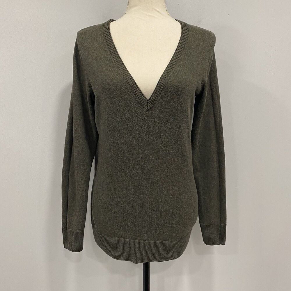 EDDIE BAUER M Y2K Olive Green V-Neck Knit Cashmere Blend Pullover Preppy Sweater